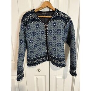 Icelandic Design Jacket Womens Small Blue Wool Embroidered Floral Full Zip